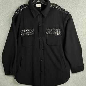 Allie Rose Black Sequin Yoke Ribbed Knit Button Front Jacket Size L
